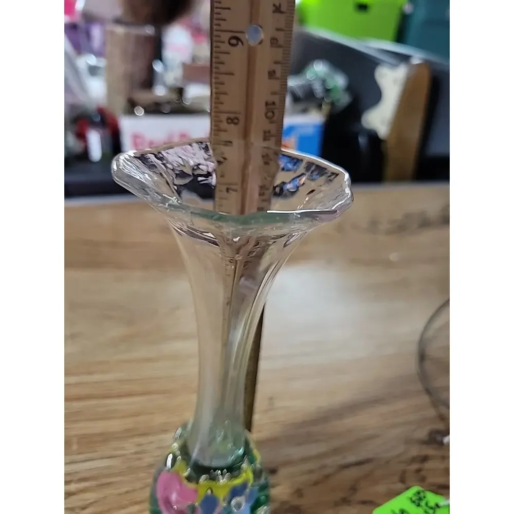 Vintage Retro Blue Yellow Glass Pink Trumpet Floral Paperweight Vase